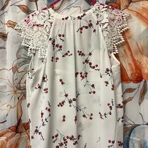 Floral Lace Sleeve Top - White and Red